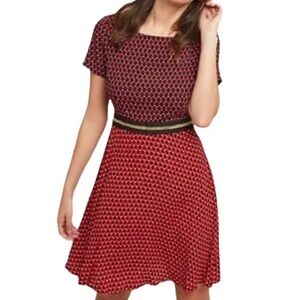 Maeve Anthropologie Amici Red Floral Color Block Whimsy Rabbit Print Mini Dress